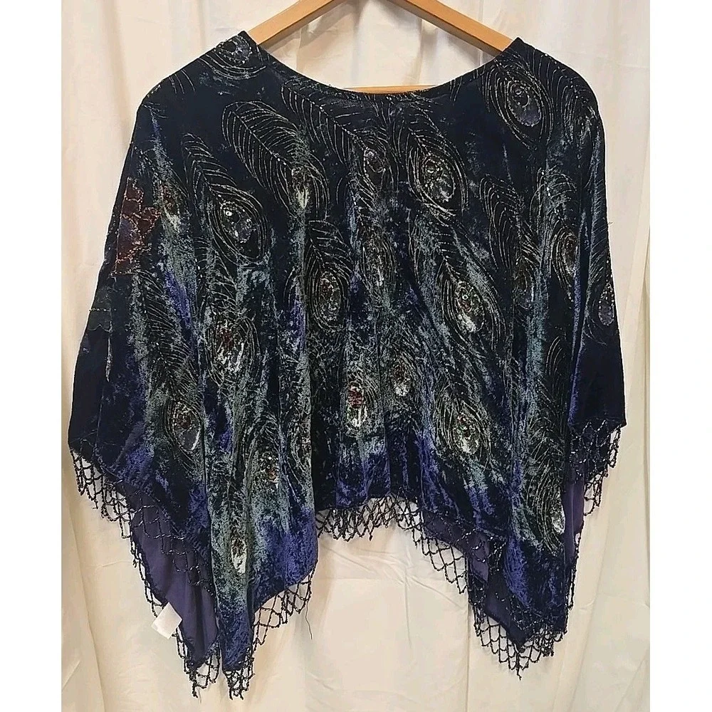 Vtg Ania A Peacock Velvet Beaded Boho Top‎ OS Festival Artwear Handkerchief Hem
